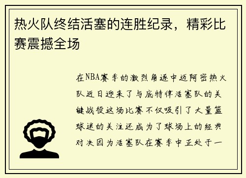 热火队终结活塞的连胜纪录，精彩比赛震撼全场